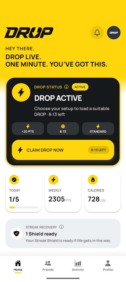 DROP app home screen showing a live scoring DROP
